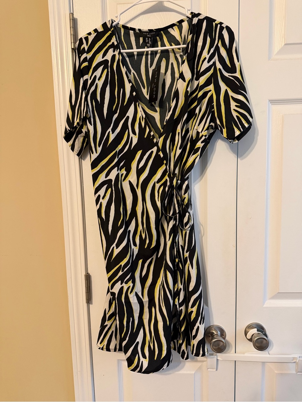 New Look Zebra-Print Wrap Mini Dress in Black, White & Yellow